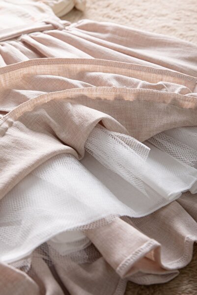 Cansın Mini Φόρεμα με κοντό μανίκι με μπεζ ύφασμα μουσελίνα με σχέδιο και τσάντα για κορίτσια 22658