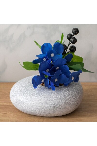 SHOPIENS Decorative Stone Pot with Artificial Plant and Blue Flowers 14.5x12x17cm