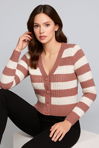 Sfg Life Moda Women's Buttoned Front and Double-Colored Knitwear Cardigan