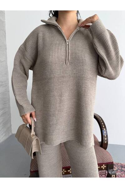 moda paketi Oversize Sweater Pants Zippered Double Knitwear Set