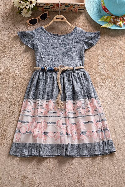 Cansın Mini Navy Blue Floral Pattern Straw Belted Short Sleeve Girls Dress 22649