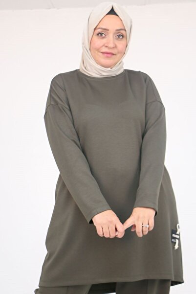 Eslina 47095 بدلة مودال كبيرة الحجم مع تفاصيل شعار على الجانب - لون كاكي