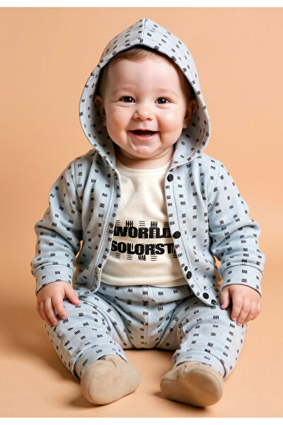 Tuabella %100 Pamuk 3'lü Erkek Bebek Takımı (Çıtçıtlı Badi + Hırka + Alt)