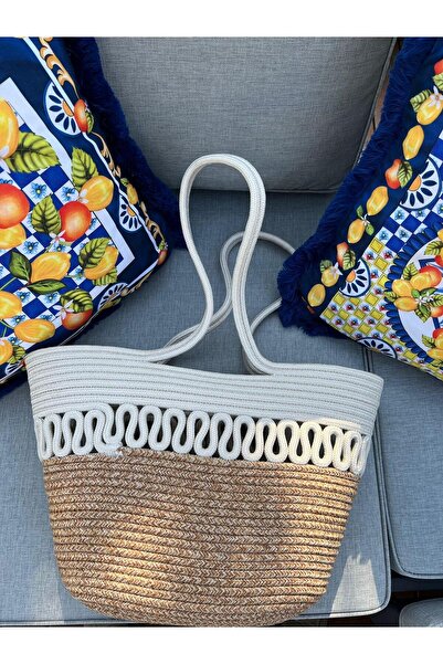 NS TASARIM MAYO Λεπτομερής ψάθινη τσάντα Loya White