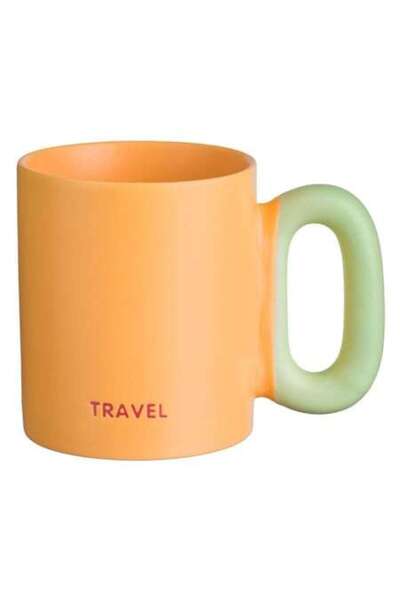 SHOPIENS Cană ceramică 360 ml portocaliu pastel cu mâner verde și mesaj de că...