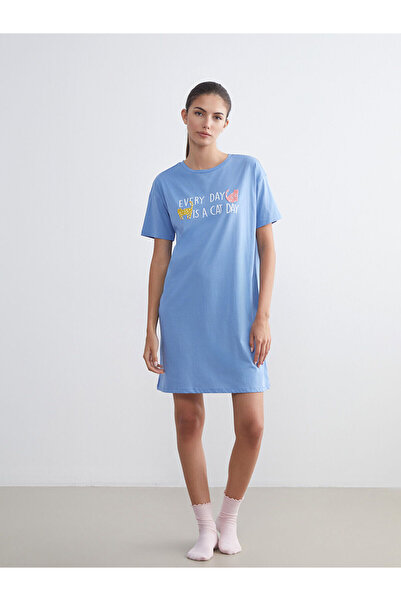 LC Waikiki Yeni Sezon Bisiklet Yaka Baskılı Kadın Gecelik