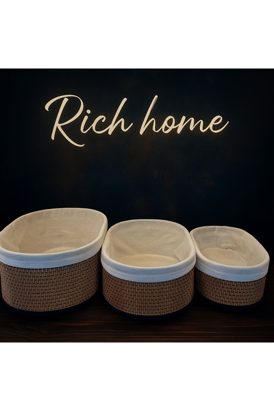 AMİSOS Bambu hasır yuvarlak üçlü organize sepet seti- çok amaçlı düzenleyici