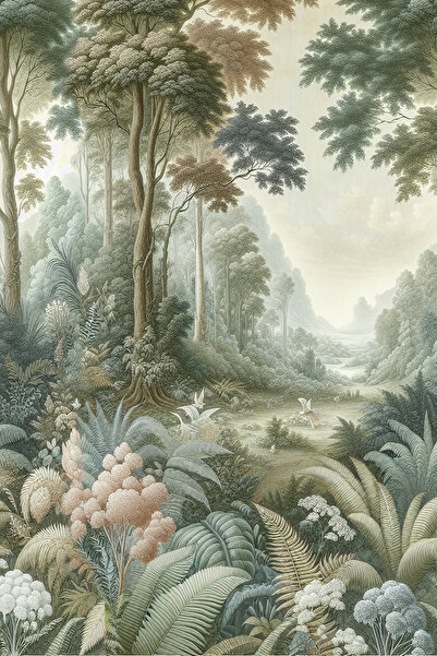 dreamwall Vintage Çizim Stilinde Yeşil Orman Desenli Duvar Kağıdı