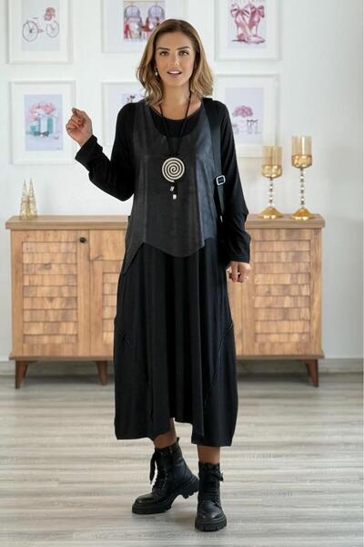 Nevin Kaya Moda Siyah Bohem Elbise Deri Yelek ve Kolye Hediyeli