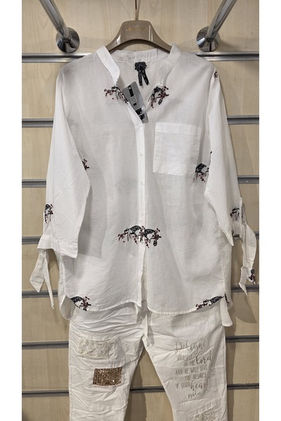 trendbysena Embroidered Women's Shirt with One Pocket and Tie-Up Sleeves