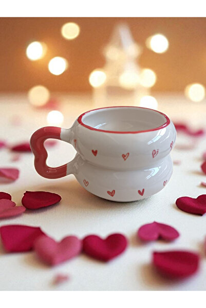 Simge Seramik 2 Li Minik Hearts Patterned Twist Heart Handle Handmade Special Design Cup