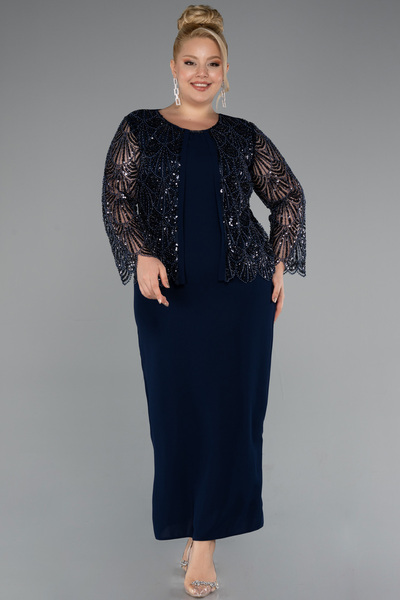 Abiyefon Lacivert Boncuklu Uzun Kol Midi Büyük Beden Abiye ABK2418