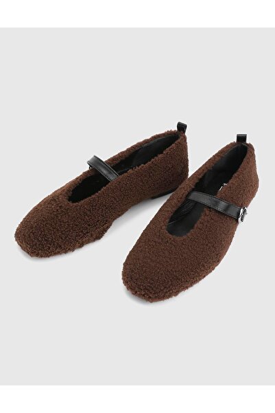 İLVİ Digor Genuine Leather Plush Brown Women's Ballerinas