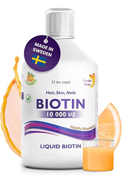 Swedish Nutra Biotin 10,000 UG Liquid Supplement 500 ml, 33 Day Supply Plus Vitamin C Orange Flavour