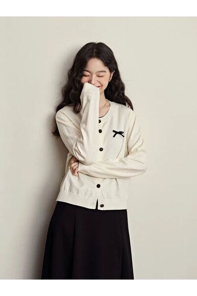 NATUFIAN STORE Basic Buttoned Women's Knitwear Cardigan with Bow Detail