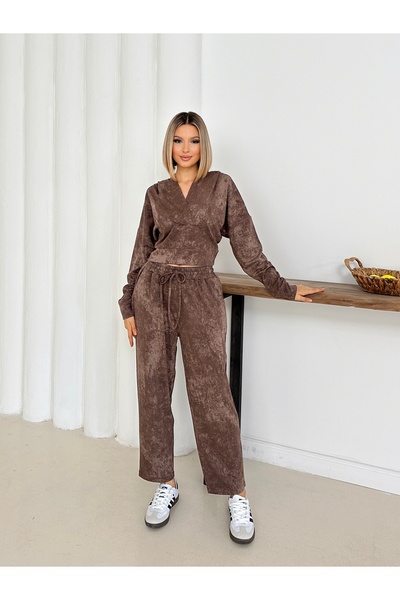 MODAMERSİ Women's Coffee-Colored Hooded Blouse Pants Bottom Top Set