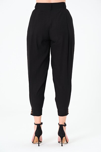 Sortie Women's Black Color High Waist Ankle Length Buttoned Pleated Carrot Pants