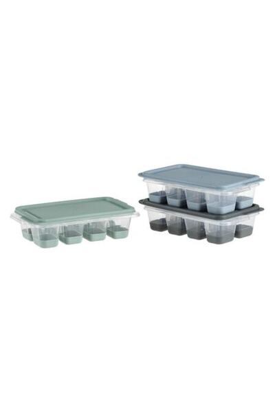SHOPIENS Set 3 Mini Transparent Boxes with Silicon Compartments and Colorful Lids for 24 Ice Cubes 13x7.5x3.5