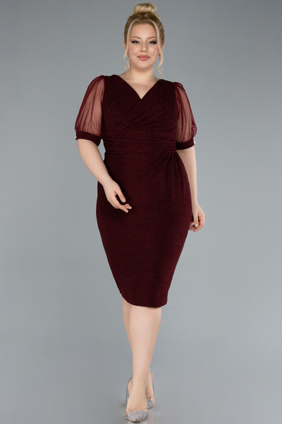 Abiyefon Bordo Kısa Kol Midi Simli Büyük Beden Abiye ABK2247