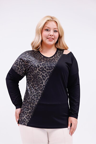 Siyezen Büyük Beden Omuz Dekolteli Leopar Bluz