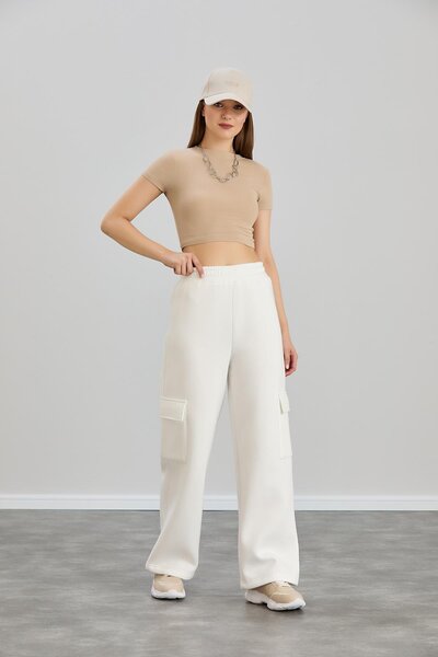 Sortie Women's Cargo Pocket Pack Wide Leg Regular Length Ecru Color Sweatpants