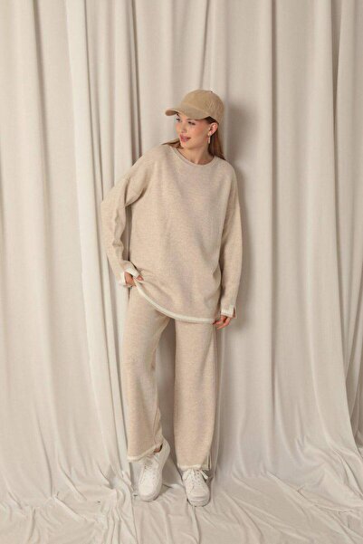 moda paketi Sweater Pants Striped Slit Detail Premium Quality Double Knitwear Set