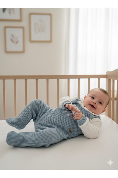 Nanon Baby %100 Pamuk Erkek Bebek Ayaklı Tulum – Fil Nakışlı – Uzun Kollu – Mavi