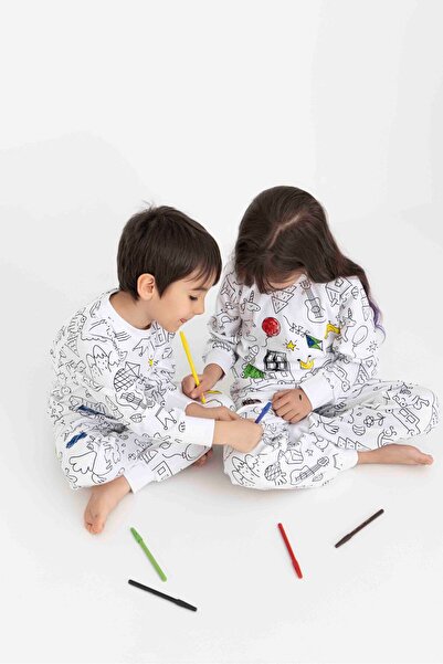 Tarık Unisex Children's Long Sleeve Crew Neck Pajama Set-Pen for Painting-3101