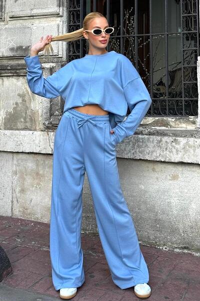 Keyifli Moda Women's Blue Crew Neck Elastic Waist Wide Leg Two-Piece Set