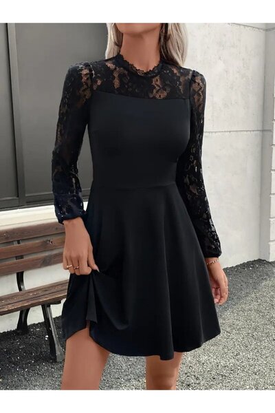 Viyamo New Season Stylish Women's Dress Long Sleeve Lace Detailed Mini Crepe