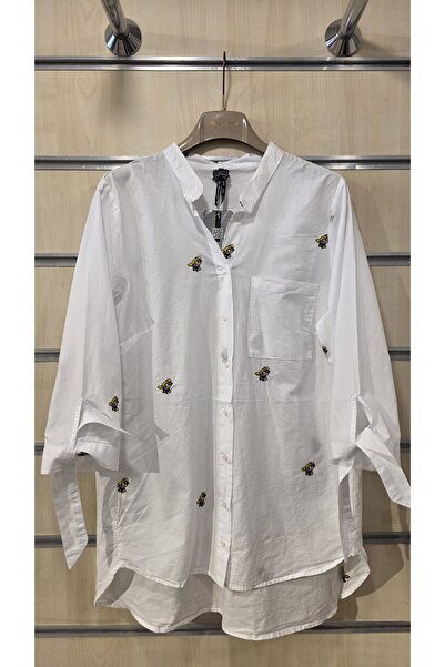 trendbysena Embroidered Women's Shirt with One Pocket and Tie-Up Sleeves