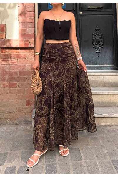 Friday Mood Women's Brown Belt Detailed Patterned Maxi Skirt