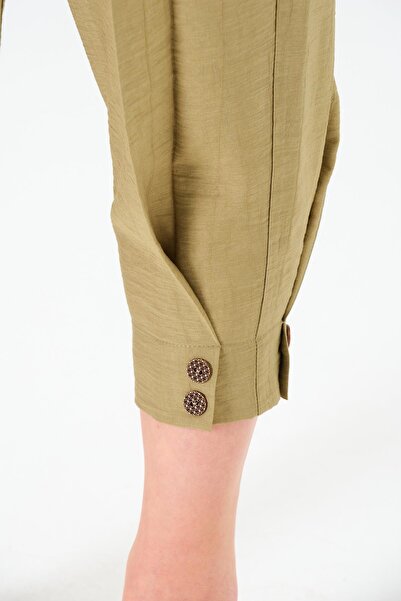 Sortie Kadın Haki Renk Yüksek Bel Bilek Boy Paça Düğmeli Pileli Havuç Pantolon