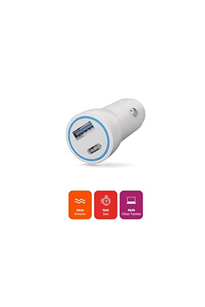 Polosmart PBS134 Hızlı 1 USB 1 PD Çıkışlı 20W Araç Şarjı Beyaz