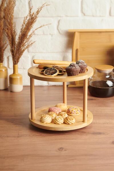 EWs Bamboo Two-Tier Rotating Presentation Stand 24.5×24.5×18 cm