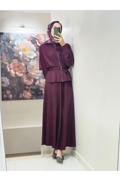 VENT GİYİM Women's Hijab Double Set with Skirt and Jacket Belted September Set