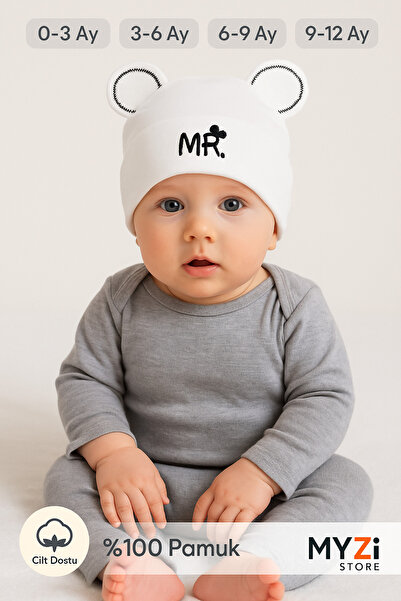 MYZİ STORE Baby Hat – 100% Cotton, Patterned with Ears & Accessory Model – 0-12 Months