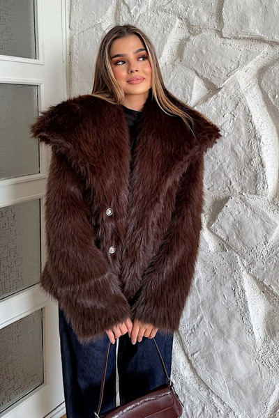 Nana & Mayka Moda Palton de blană artificială pentru femei – guler șal, cu do...