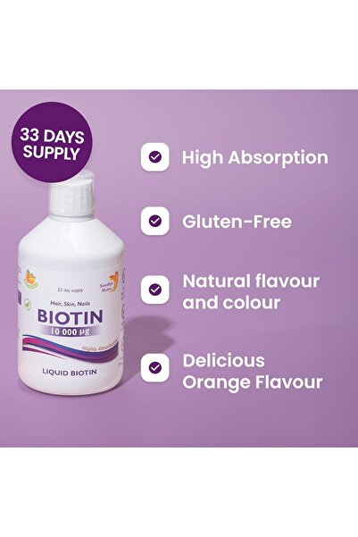 Swedish Nutra Biotin 10,000 UG Liquid Supplement 500 ml, 33 Day Supply Plus Vitamin C Orange Flavour