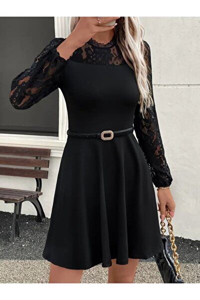 Viyamo New Season Stylish Women's Dress Long Sleeve Lace Detailed Mini Crepe