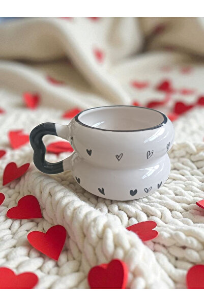 Simge Seramik 2 Li Minik Hearts Patterned Twist Heart Handle Handmade Special Design Cup