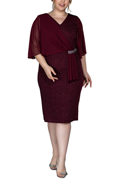 Arden Büyük Beden Kısa Abiye, Simli Taş Detay, V Yaka Kısa Şifon Kol, Elbise, Düğün Anne Abiye, 44-58