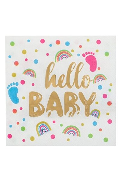 SHOPIENS Set 12 Bucati Servetele Masa 2 Straturi Petrecere Baby Shower Hello Baby Alb Auriu 33x33cm