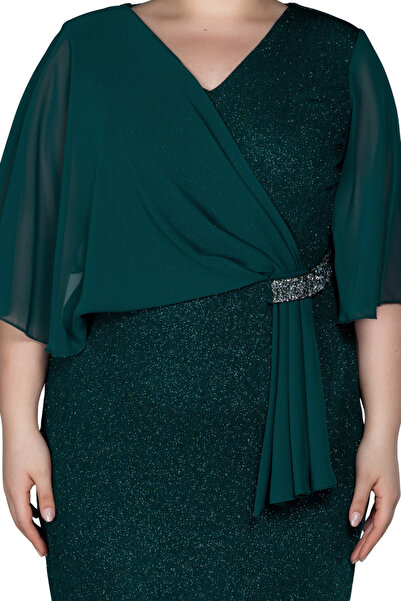 Arden Plus Size Short Evening Dress, Glitter Stone Detail, V-Neck Short Chiffon Sleeve, Dress, Wedding Mother Evening Dress, 44-58