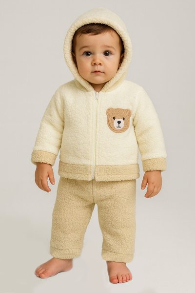 Bubito Bear Embroidered Winter Plush Welsoft 2-Piece Hooded Set-Beige