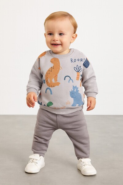 dinamik çocuk Baby Boy 3-Piece Ribbed Dino Printed Jurassic Park Winter 2-Piece Tracksuit Set 100% Cotton 6-24 Months
