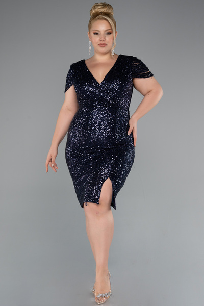 Abiyefon Lacivert Kruvaze Yaka Midi Pullu Büyük Beden Abiye ABK2419