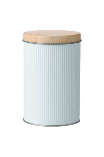 SHOPIENS Metallic Cylindrical Food Storage Container Shopiens®, White with Wooden Lid, 8.5 x 13 cm