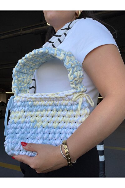 SINEAKSESUAR El Yapımı Özel Tasarım Örgü Kadın Omuz Çantası – Pastel Sarı Mav...