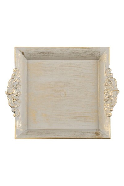 SHOPIENS Platou Decorativ Patrat Plastic Bej Auriu Brushed cu Design Sculptat 23x19.5x2.5cm